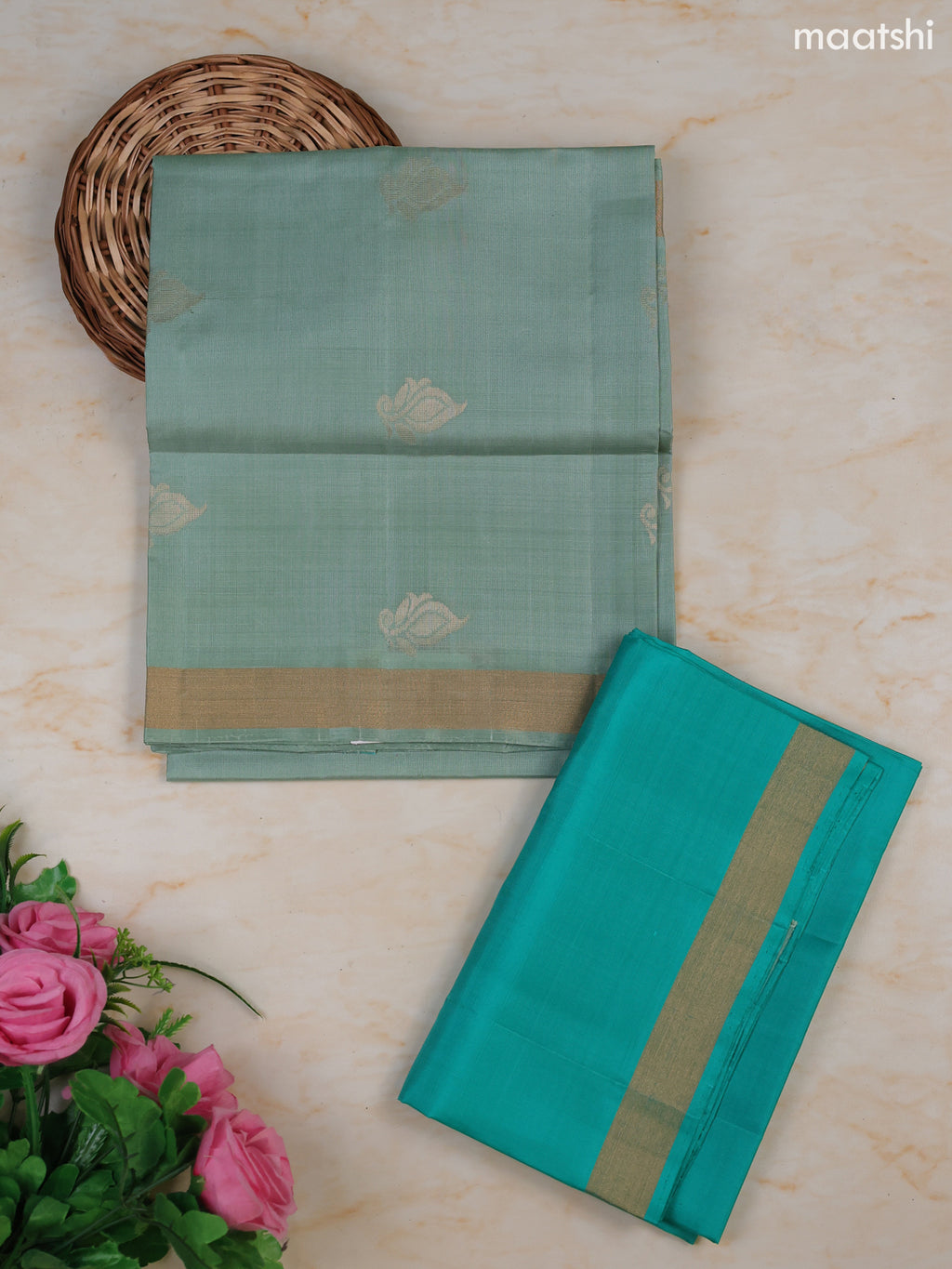 Teal Shade and Teal Green Pure Silk Dress Material With Zari Butta With and Bottom & Zari Dupatta