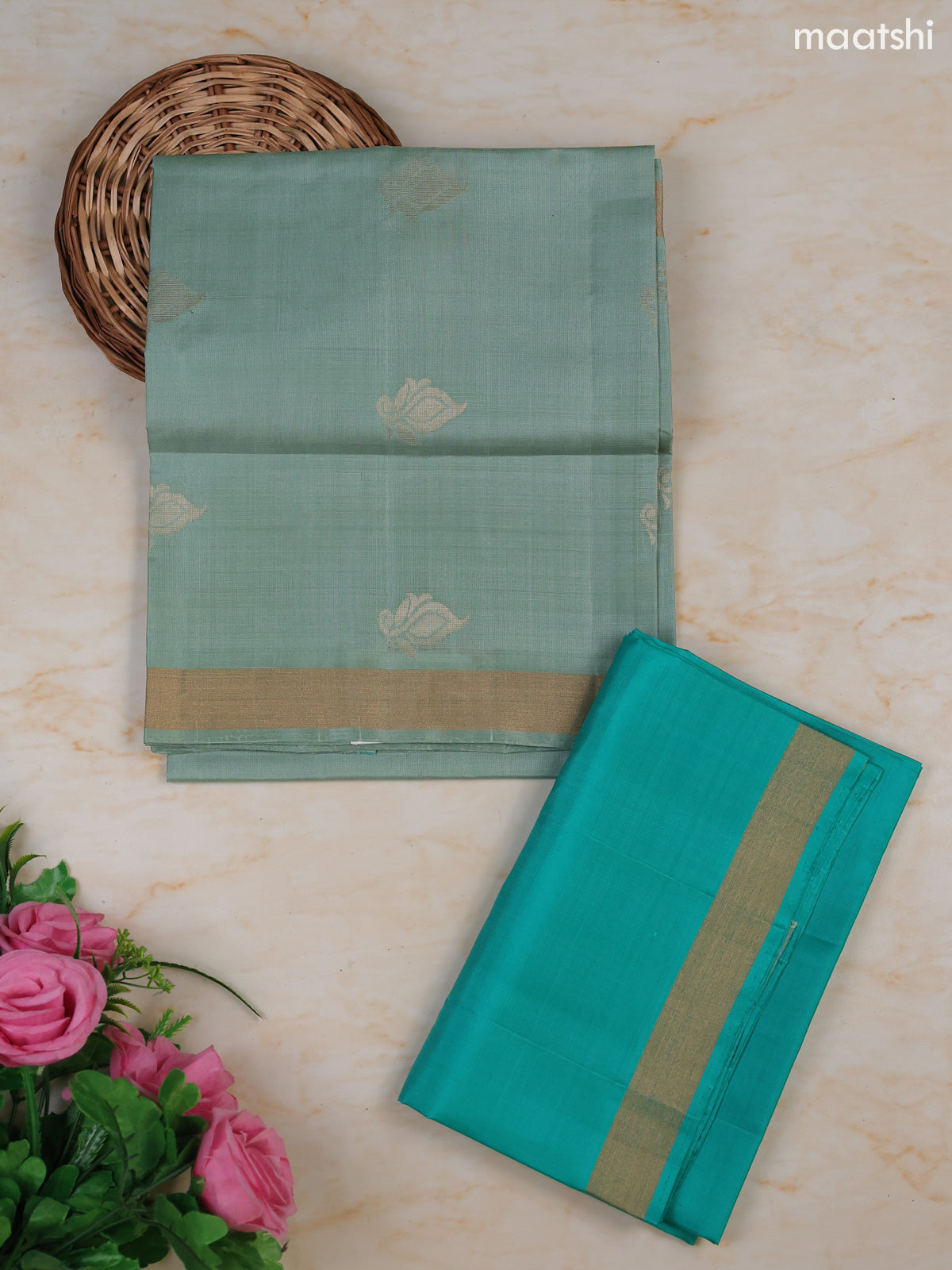 Teal Shade and Teal Green Pure Silk Dress Material With Zari Butta With and Bottom & Zari Dupatta