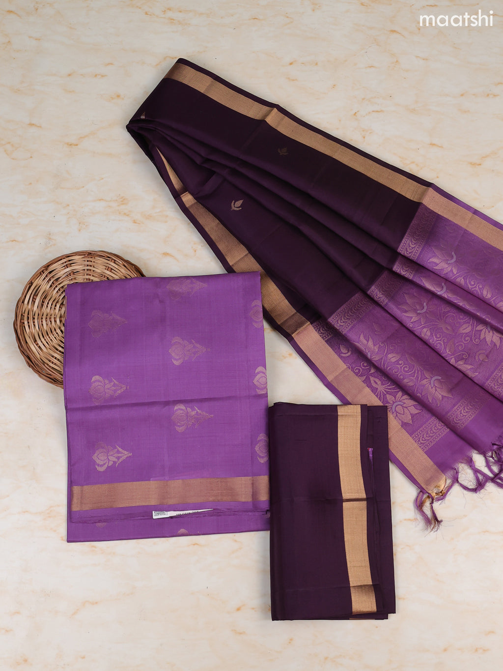 Dark Lavender and Dark Purple Pure Silk Dress Material With Zari Butta With and Bottom & Zari Dupatta