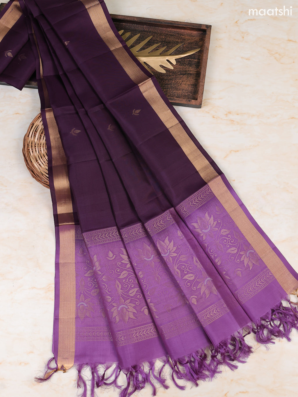 Dark Lavender and Dark Purple Pure Silk Dress Material With Zari Butta With and Bottom & Zari Dupatta