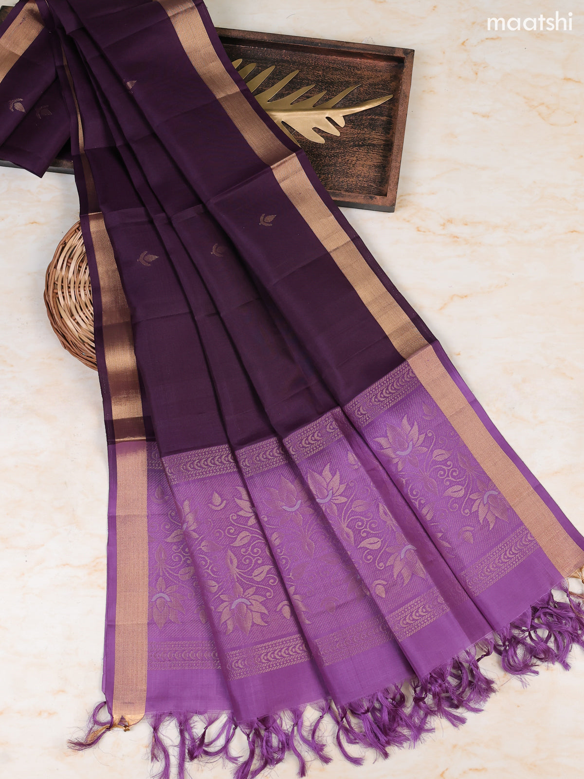 Dark Lavender and Dark Purple Pure Silk Dress Material With Zari Butta With and Bottom & Zari Dupatta