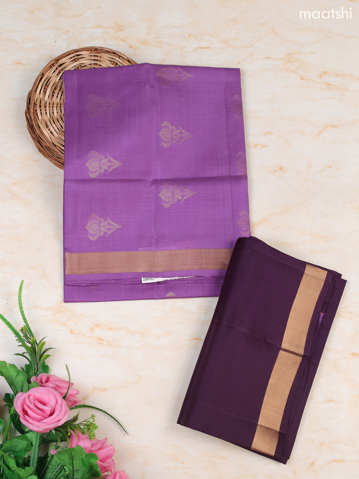 Dark Lavender and Dark Purple Pure Silk Dress Material With Zari Butta With and Bottom & Zari Dupatta