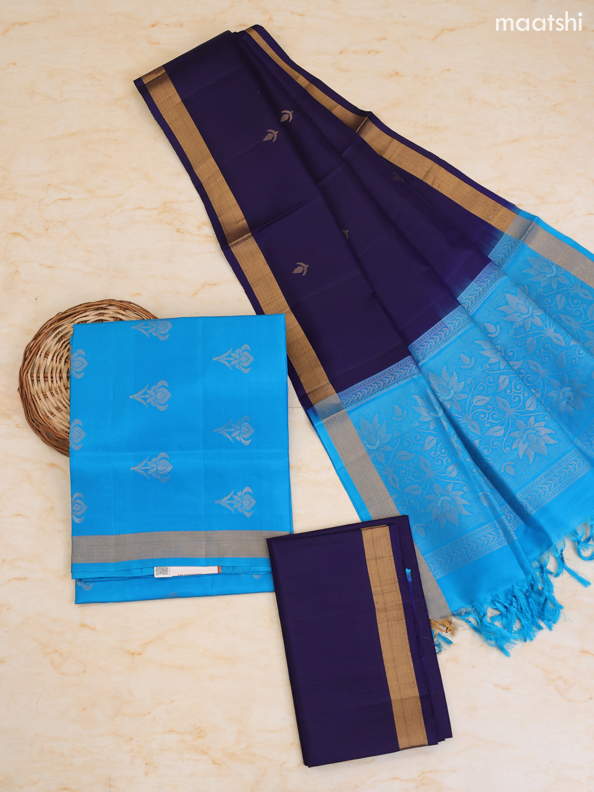 Cs Blue and Navy Blue Pure Silk Dress Material With Zari Butta With and Bottom & Zari Dupatta