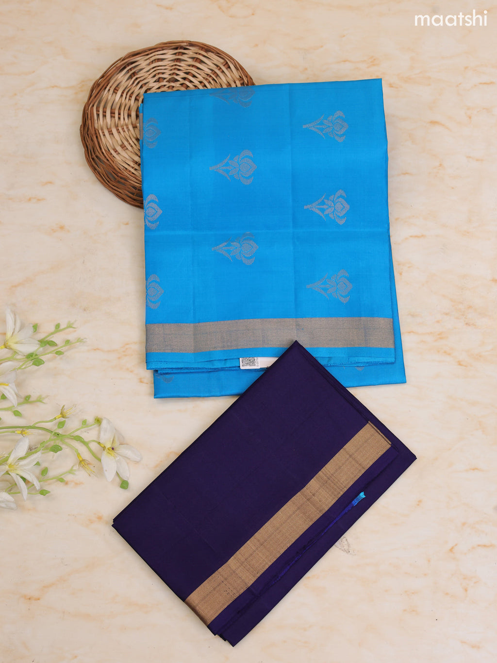 Cs Blue and Navy Blue Pure Silk Dress Material With Zari Butta With and Bottom & Zari Dupatta
