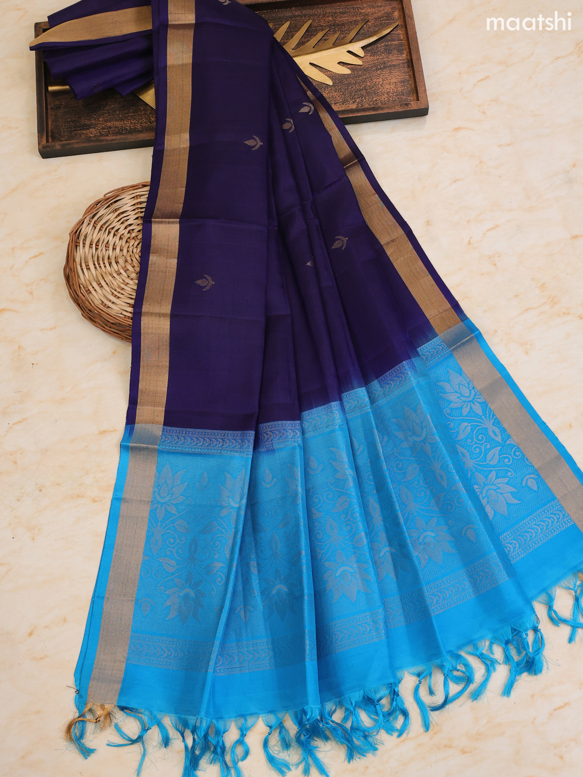 Cs Blue and Navy Blue Pure Silk Dress Material With Zari Butta With and Bottom & Zari Dupatta