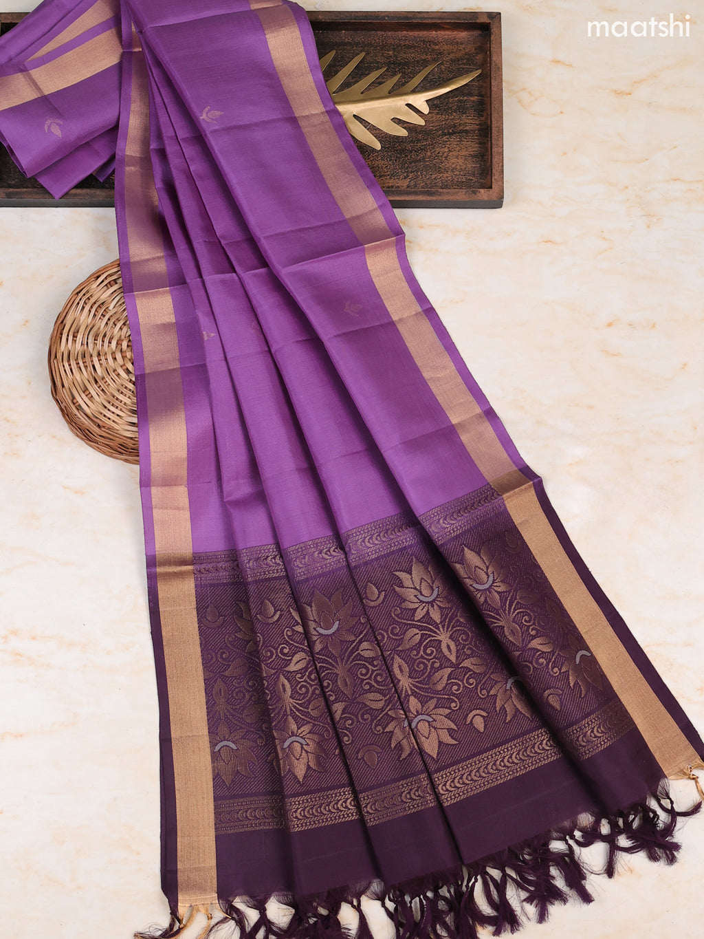 Purple and Lavender Pure Silk Dress Material With Zari Butta With and Bottom & Zari Dupatta