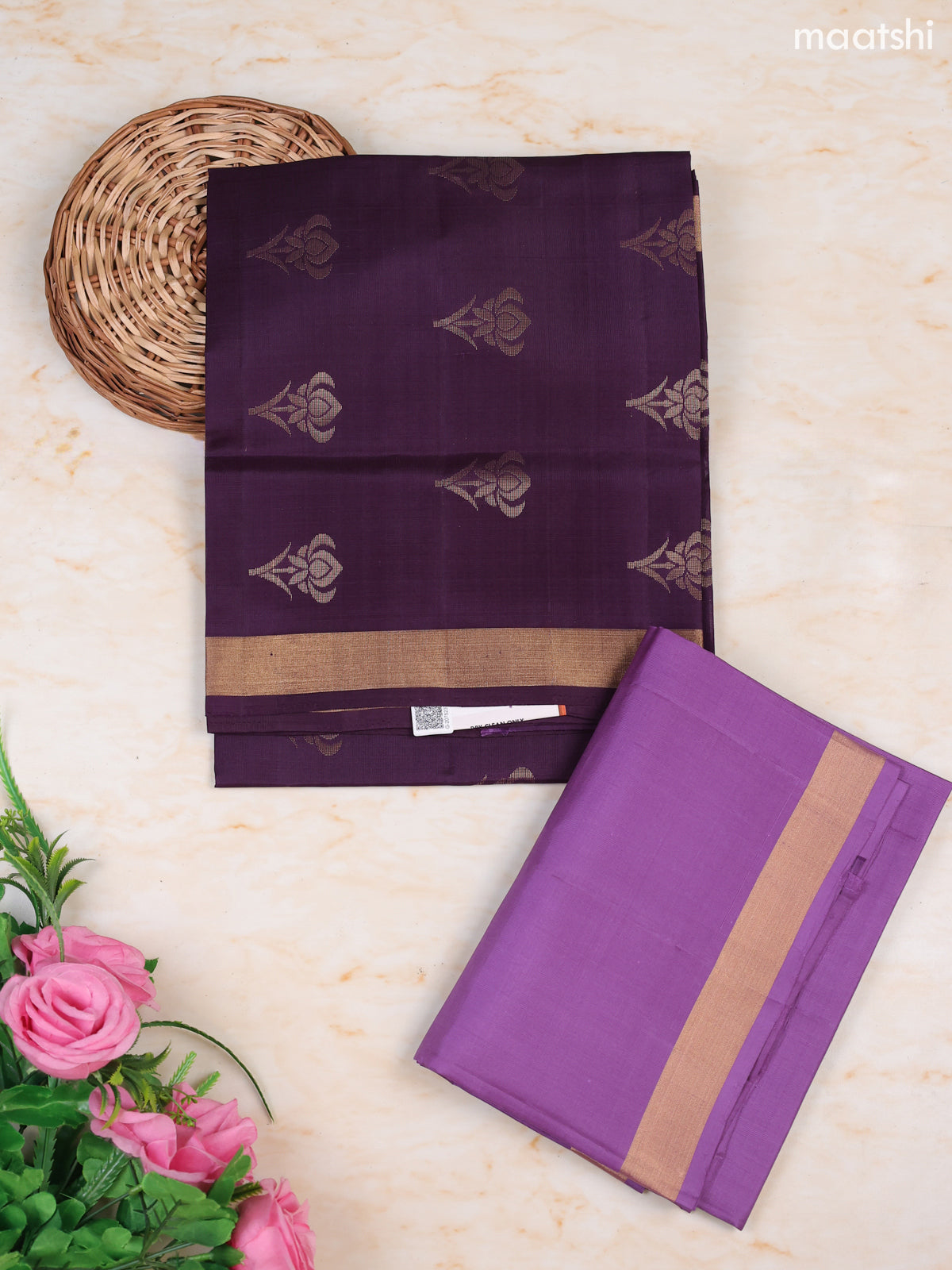 Purple and Lavender Pure Silk Dress Material With Zari Butta With and Bottom & Zari Dupatta