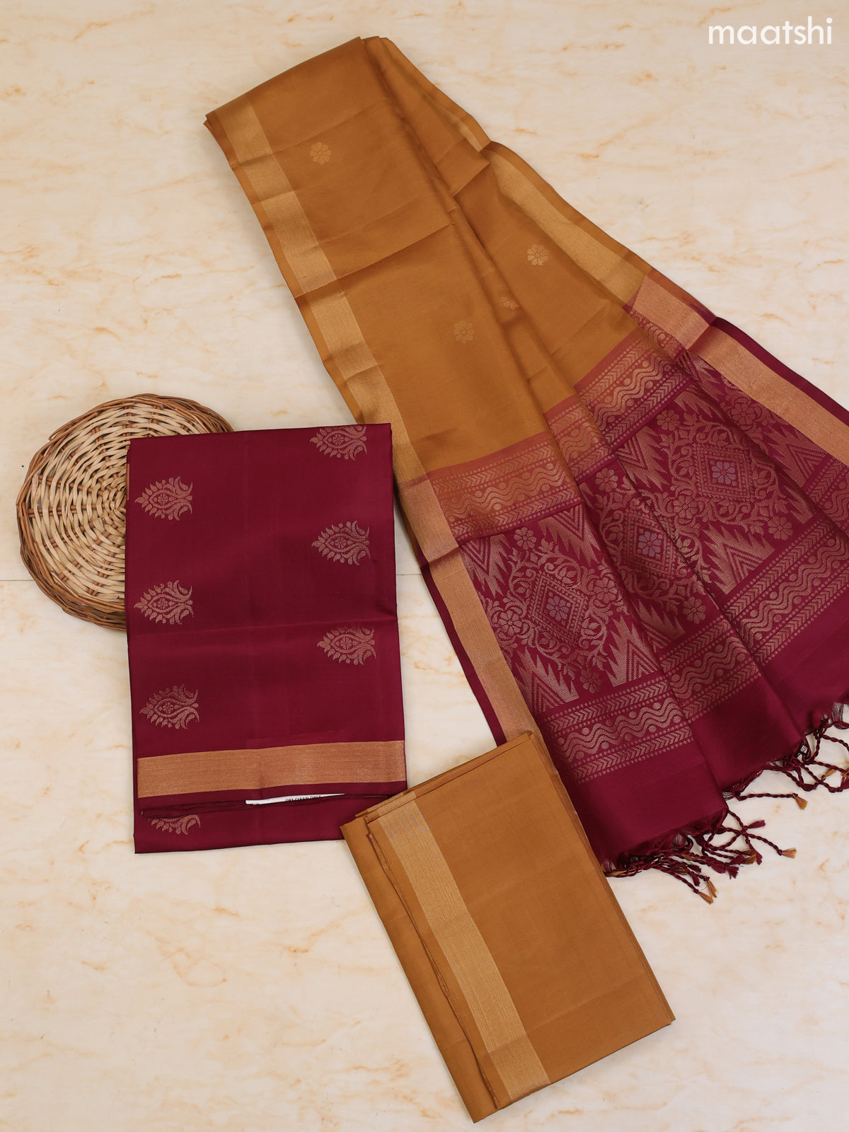 Maroon and Mustard Pure Silk Dress Material With Zari Butta With and Bottom & Zari Dupatta