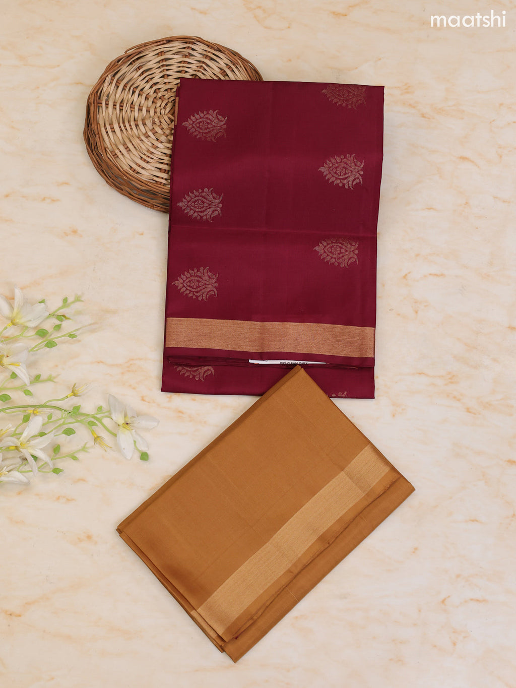 Maroon and Mustard Pure Silk Dress Material With Zari Butta With and Bottom & Zari Dupatta