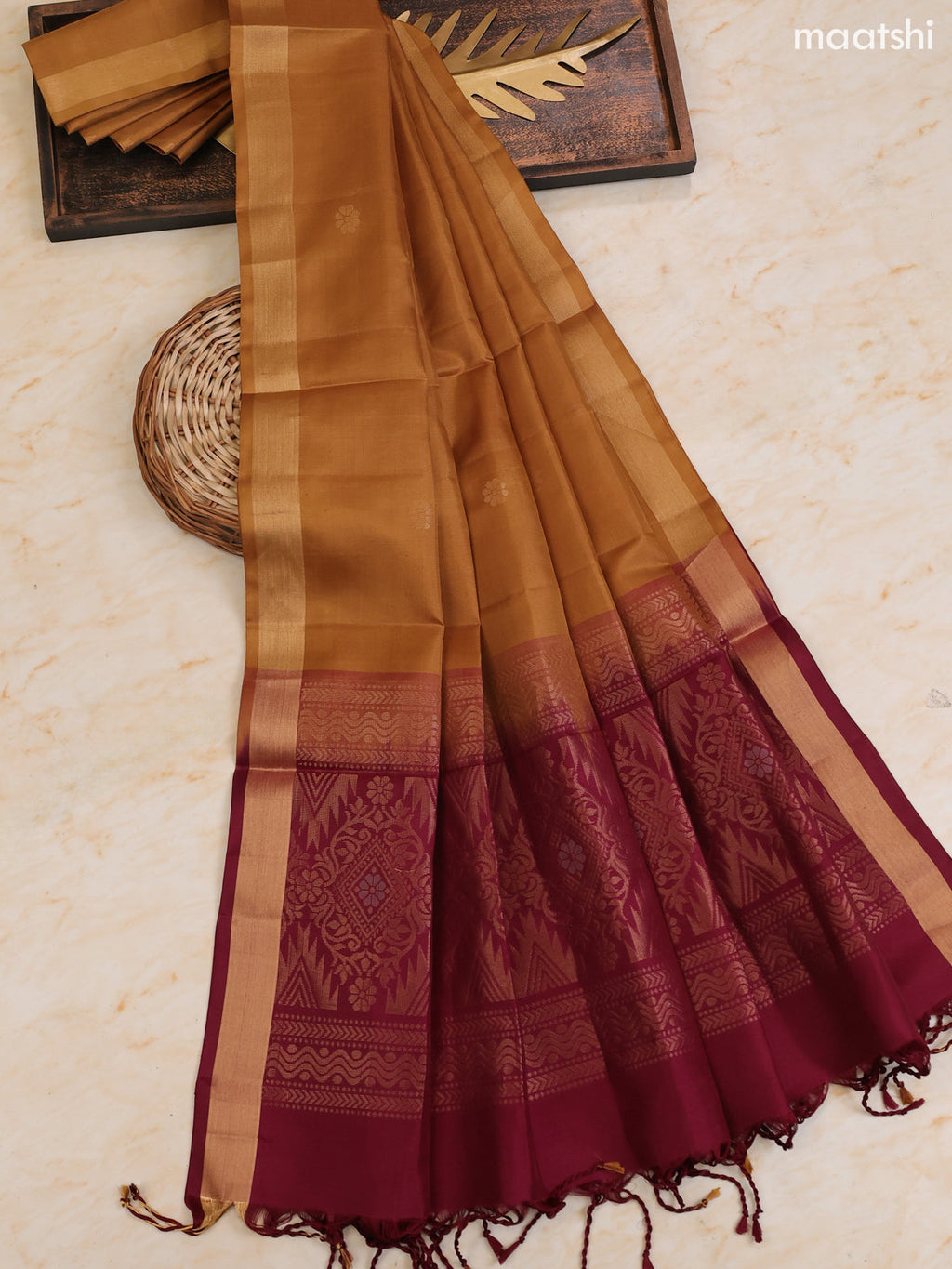 Maroon and Mustard Pure Silk Dress Material With Zari Butta With and Bottom & Zari Dupatta