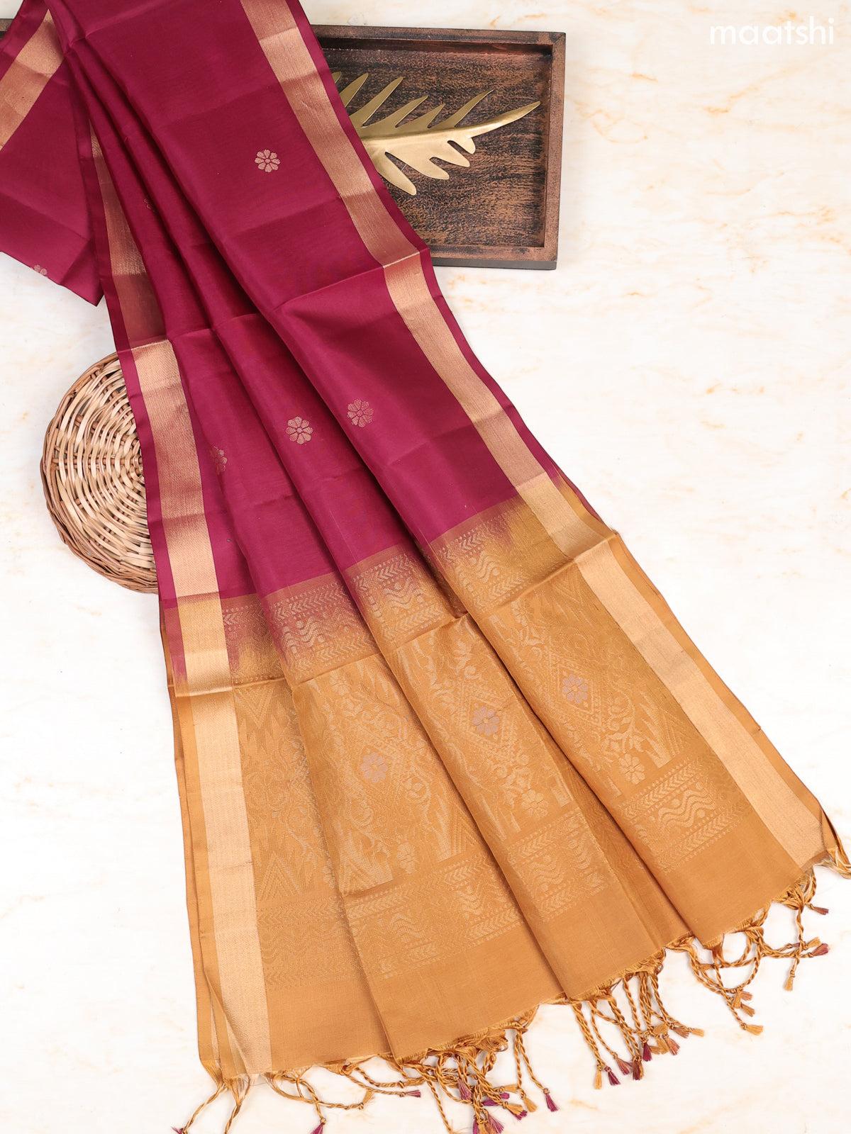Dark Mustard and Maroon Pure Silk Dress Material With Zari Butta With and Bottom & Zari Dupatta