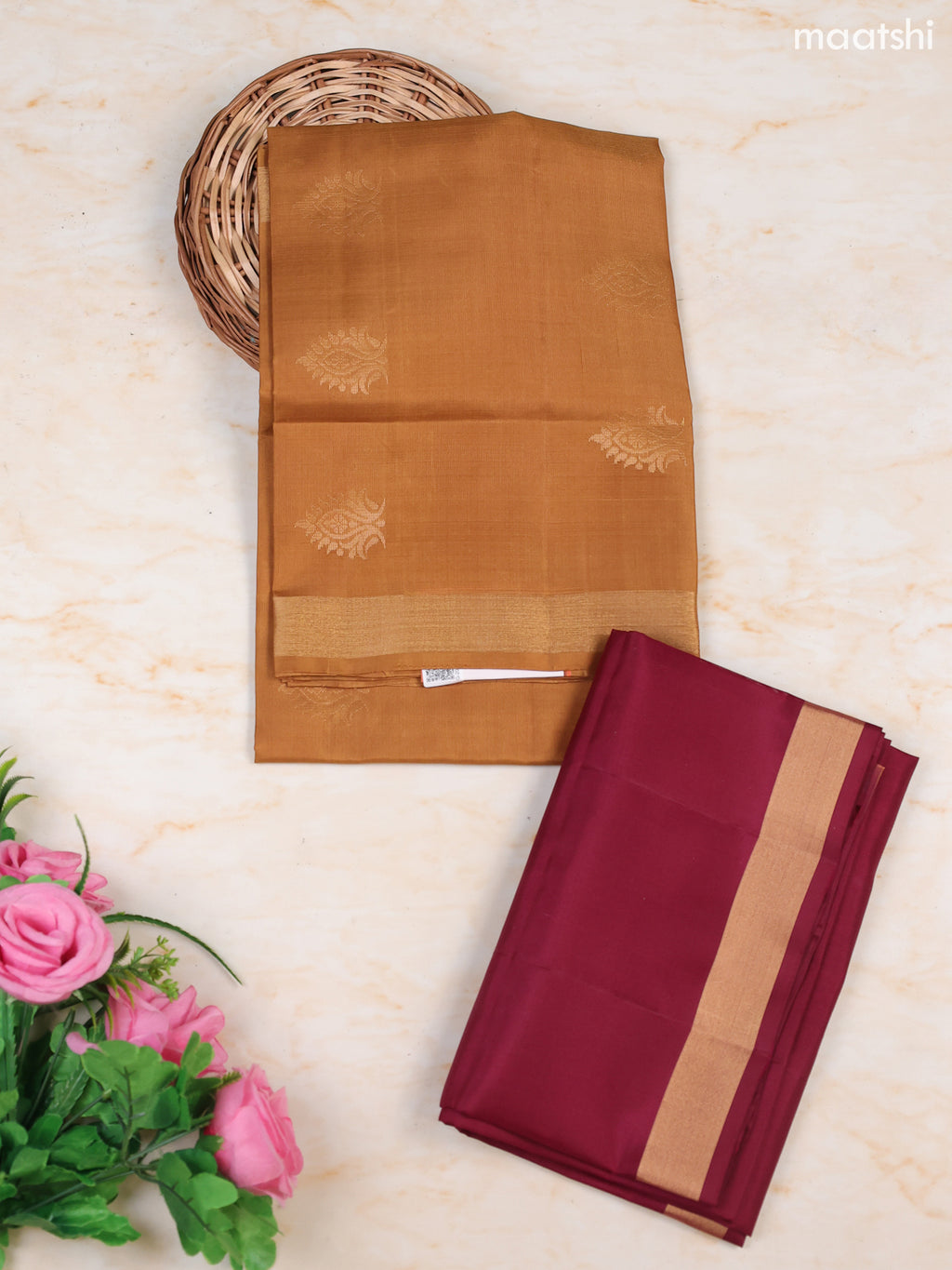 Dark Mustard and Maroon Pure Silk Dress Material With Zari Butta With and Bottom & Zari Dupatta