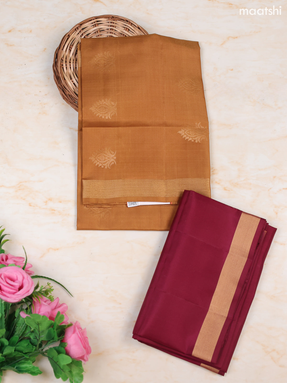 Dark Mustard and Maroon Pure Silk Dress Material With Zari Butta With and Bottom & Zari Dupatta