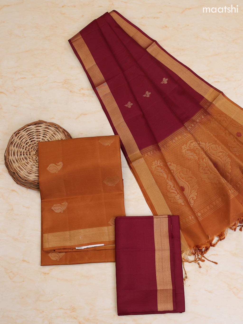 Dark Mustard and Maroon Pure Silk Dress Material With Zari Butta With and Bottom & Zari Dupatta