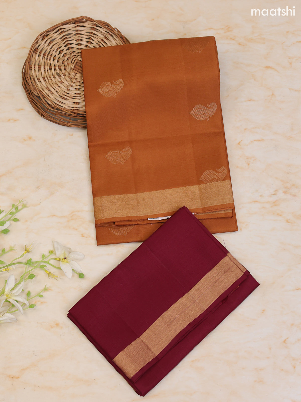 Dark Mustard and Maroon Pure Silk Dress Material With Zari Butta With and Bottom & Zari Dupatta