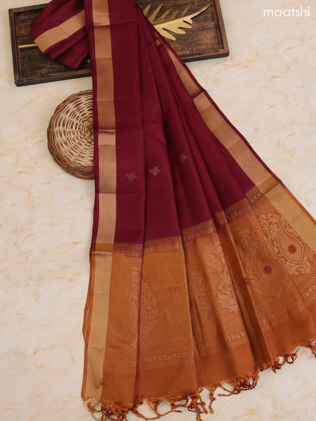 Dark Mustard and Maroon Pure Silk Dress Material With Zari Butta With and Bottom & Zari Dupatta