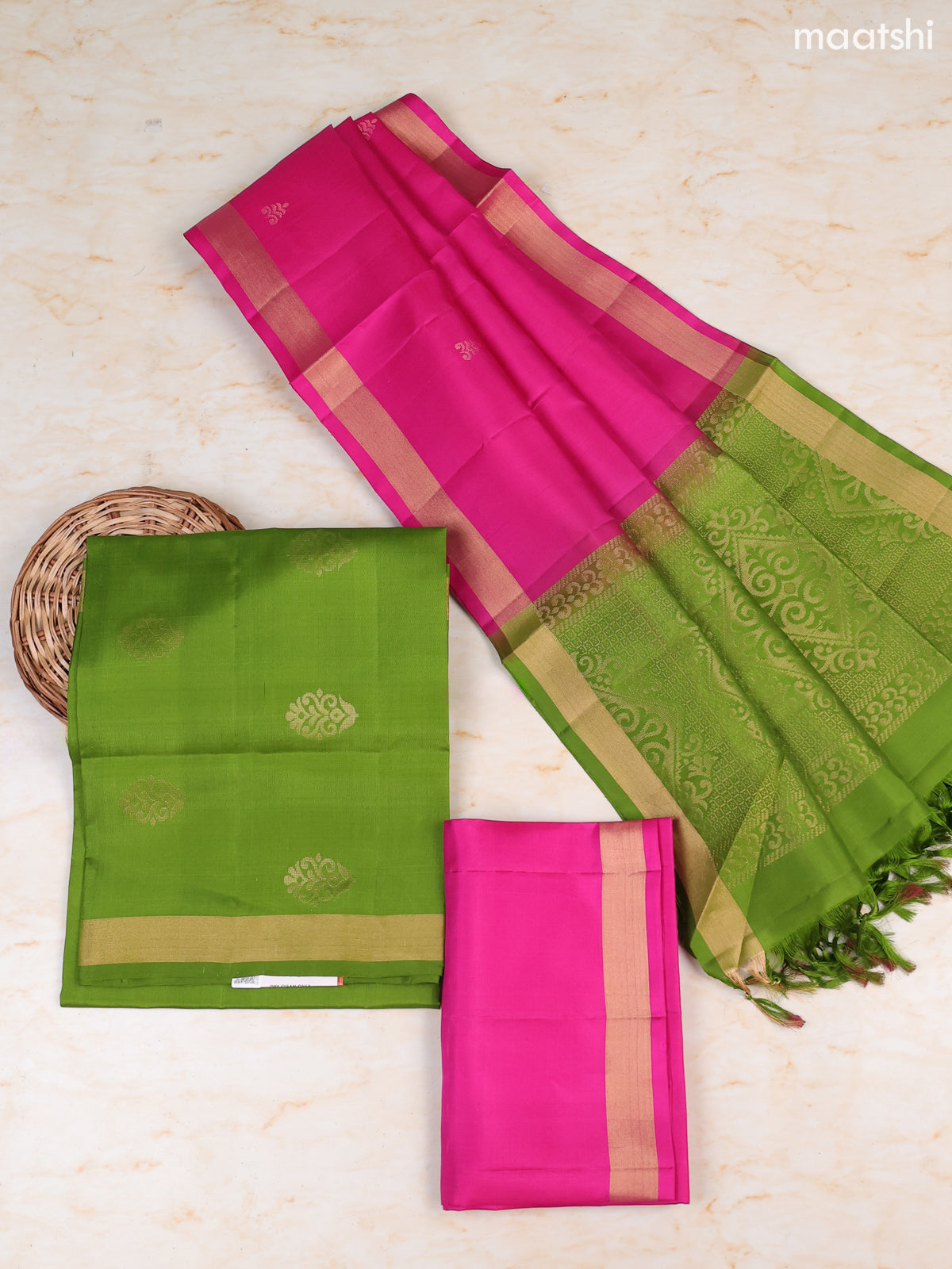 Fluorescent Green and Dark Pink Pure Silk Dress Material With Zari Butta With and Bottom & Zari Dupatta