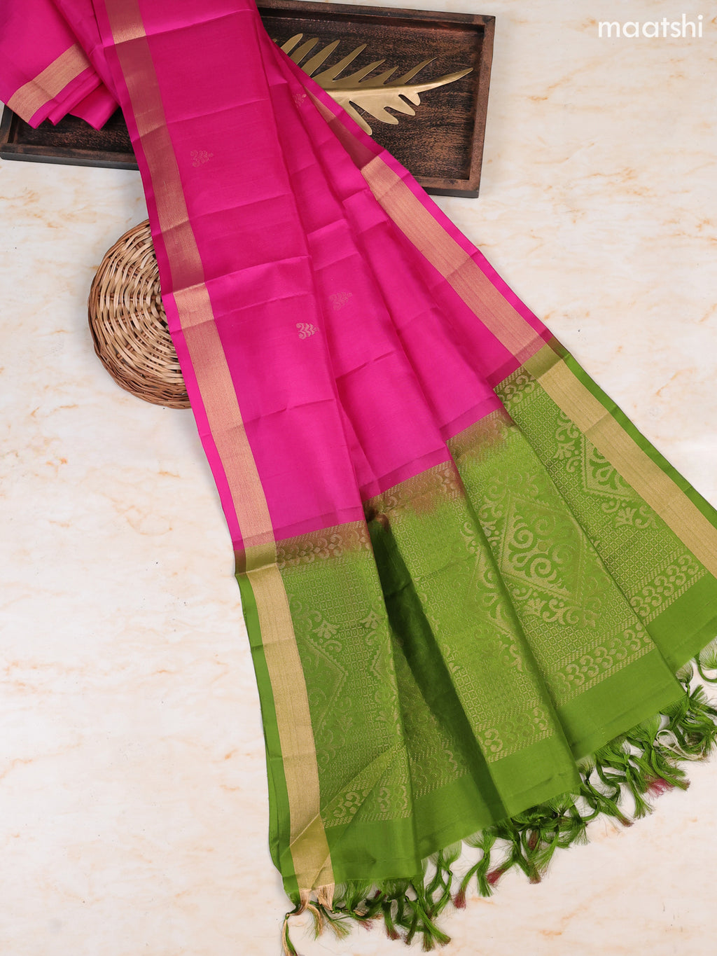 Fluorescent Green and Dark Pink Pure Silk Dress Material With Zari Butta With and Bottom & Zari Dupatta