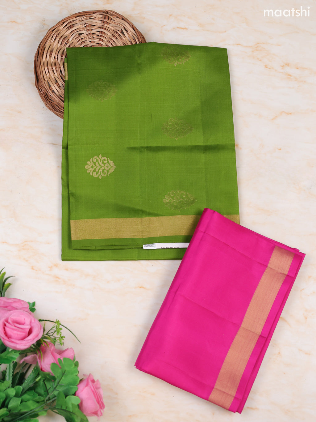 Fluorescent Green and Dark Pink Pure Silk Dress Material With Zari Butta With and Bottom & Zari Dupatta