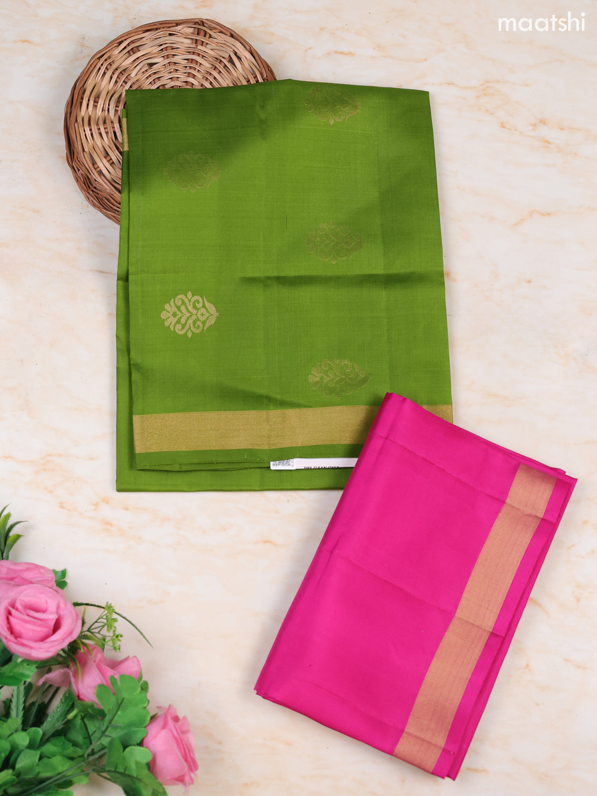 Fluorescent Green and Dark Pink Pure Silk Dress Material With Zari Butta With and Bottom & Zari Dupatta
