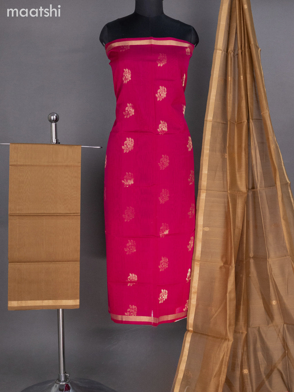 Pink and Dark Sandal Silk Cotton Dress Material With Zari Buttas