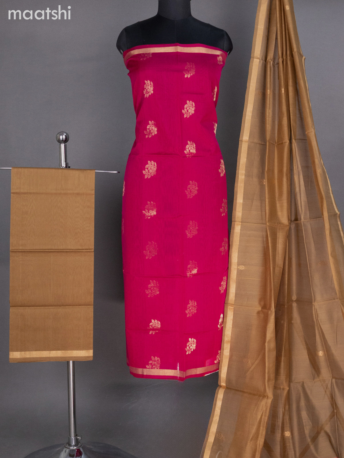 Pink and Dark Sandal Silk Cotton Dress Material With Zari Buttas