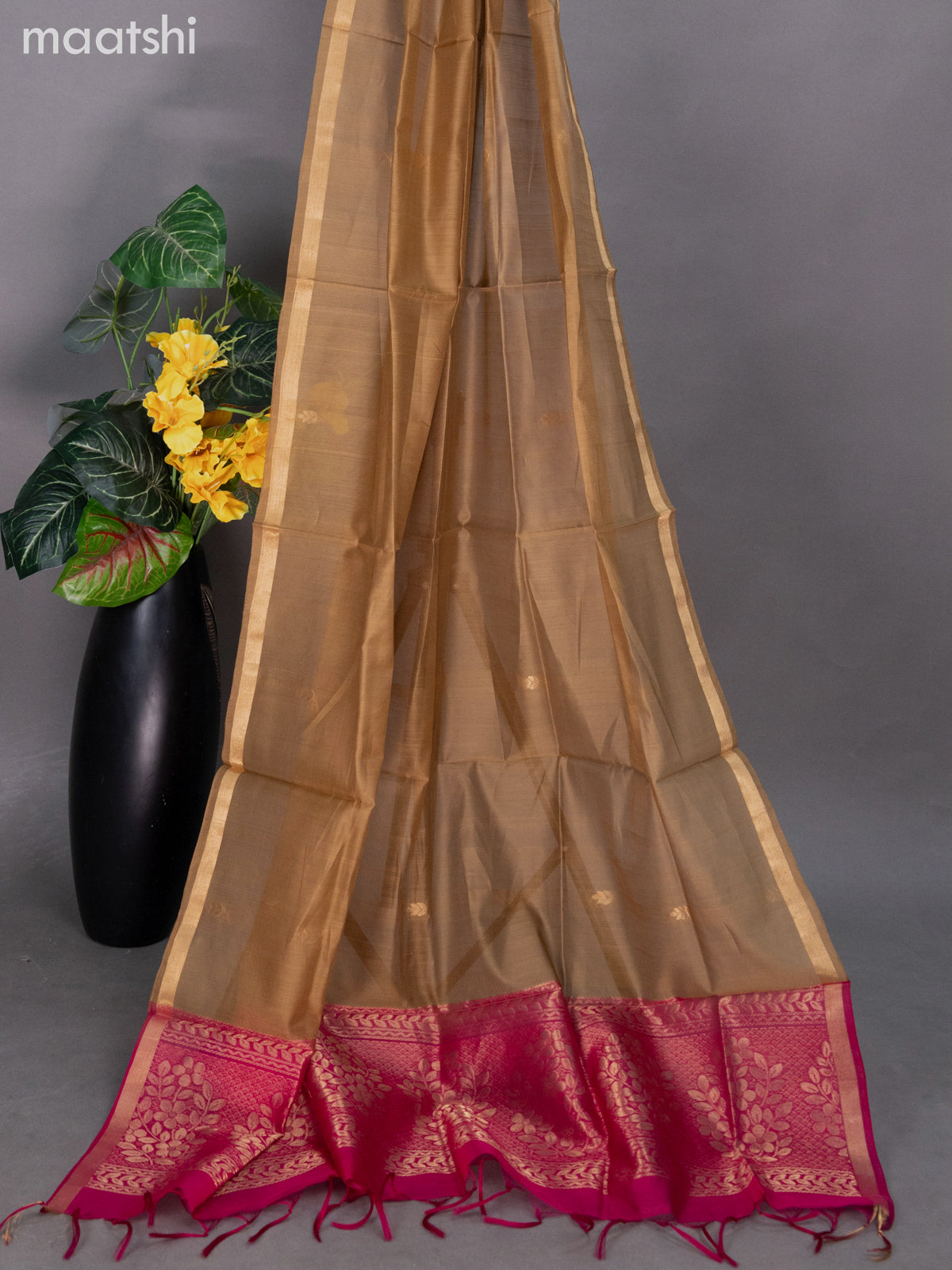 Pink and Dark Sandal Silk Cotton Dress Material With Zari Buttas