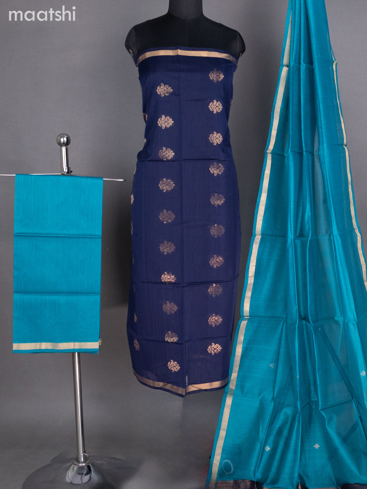 Navy Blue and Teal Blue Silk Cotton Dress Material With Zari Buttas