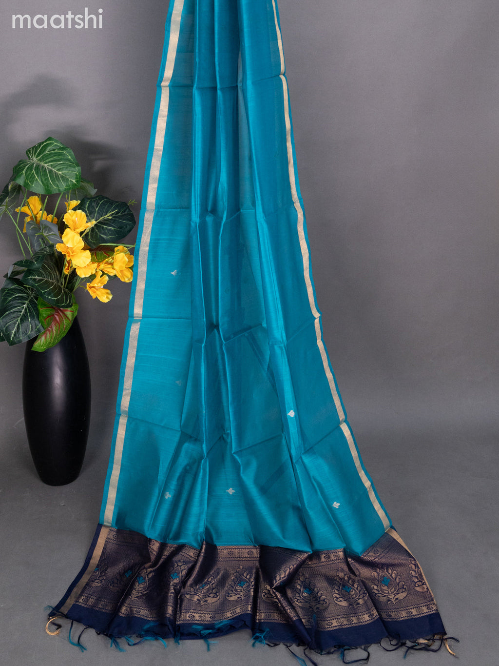 Navy Blue and Teal Blue Silk Cotton Dress Material With Zari Buttas