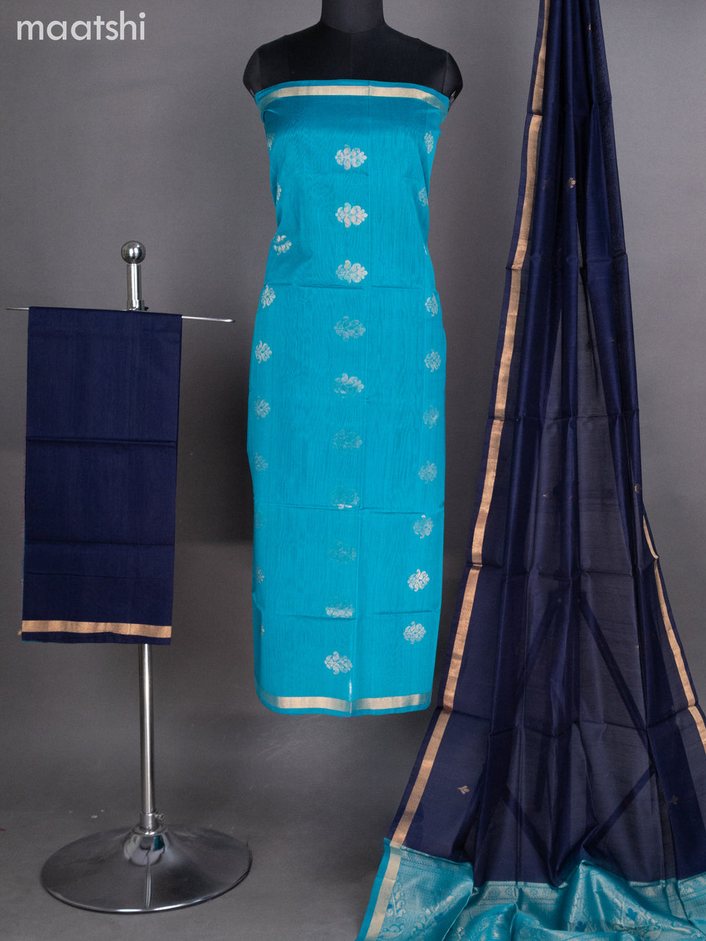 Teal Blue and Navy Blue Silk Cotton Dress Material With Zari Buttas