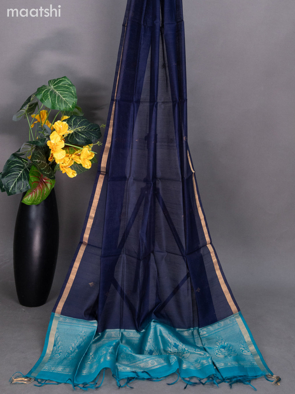 Teal Blue and Navy Blue Silk Cotton Dress Material With Zari Buttas