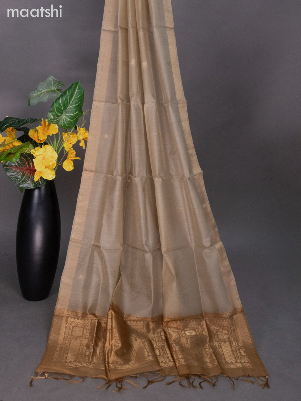 Chikku Shade and Beige Silk Cotton Dress Material With Zari Buttas