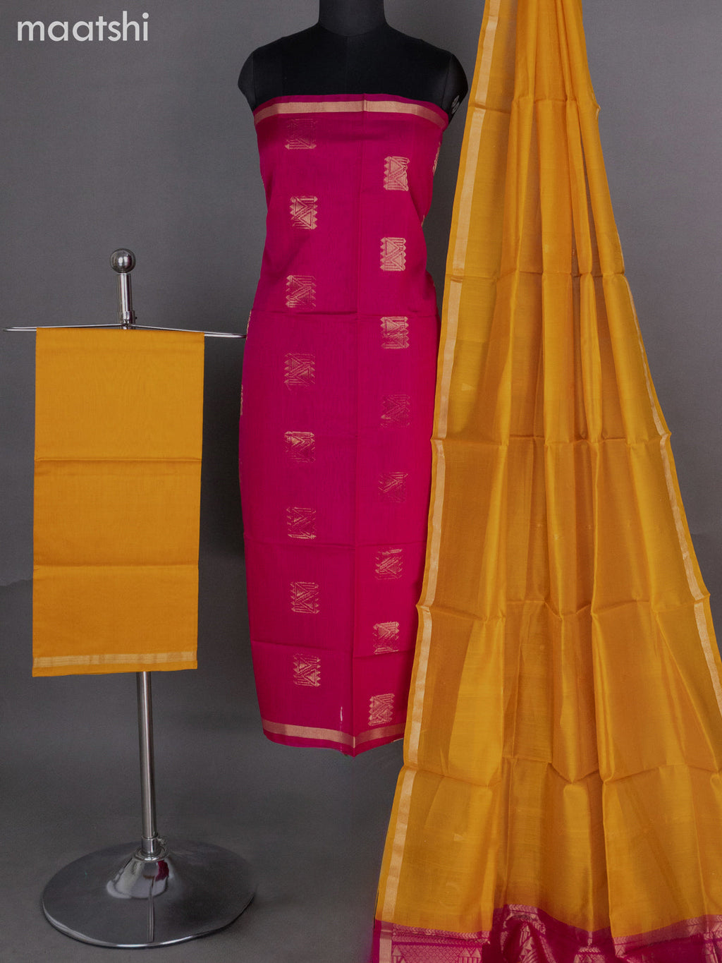 Pink and Mango Yellow Silk Cotton Dress Material With Zari Buttas