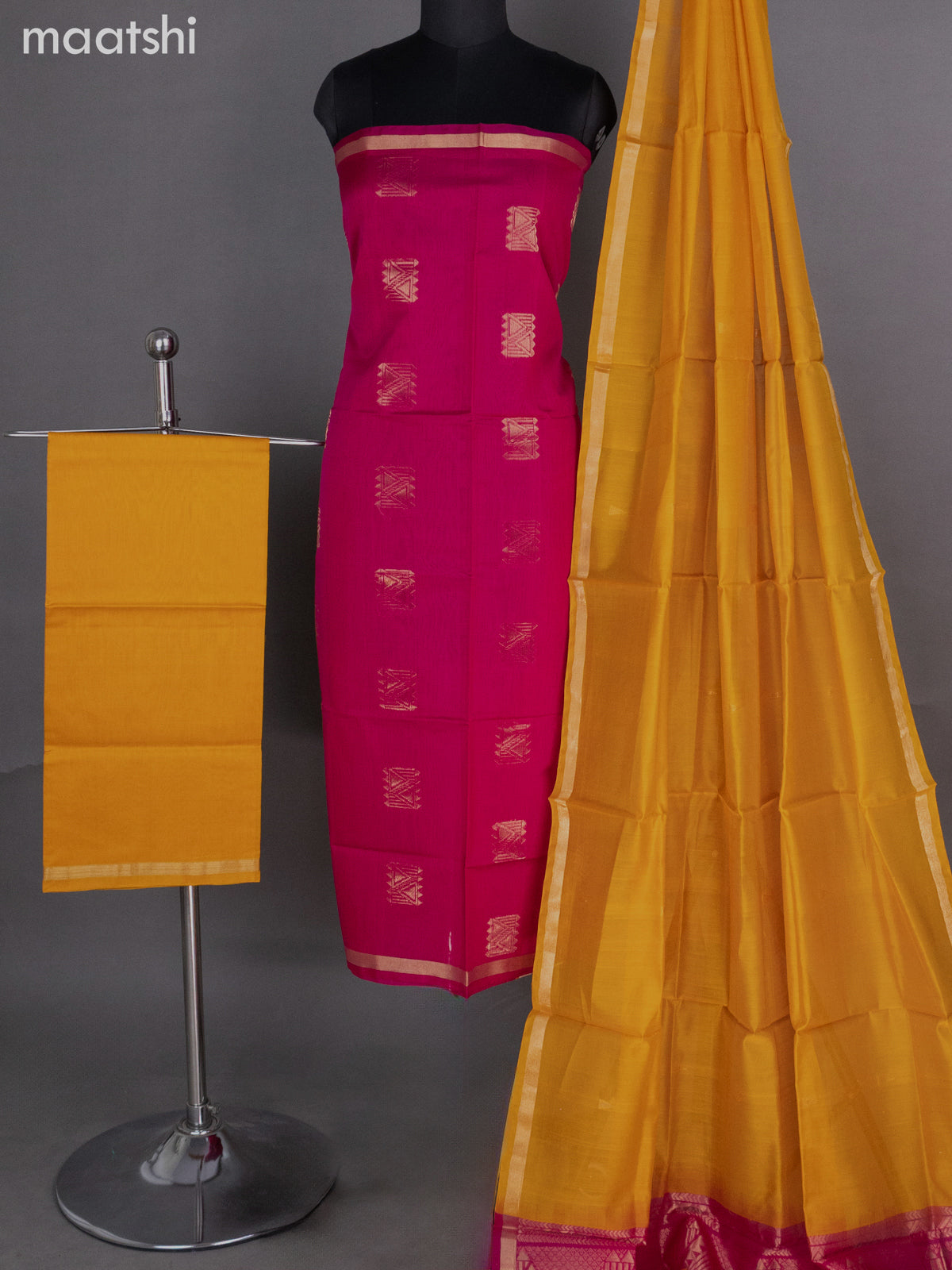 Pink and Mango Yellow Silk Cotton Dress Material With Zari Buttas