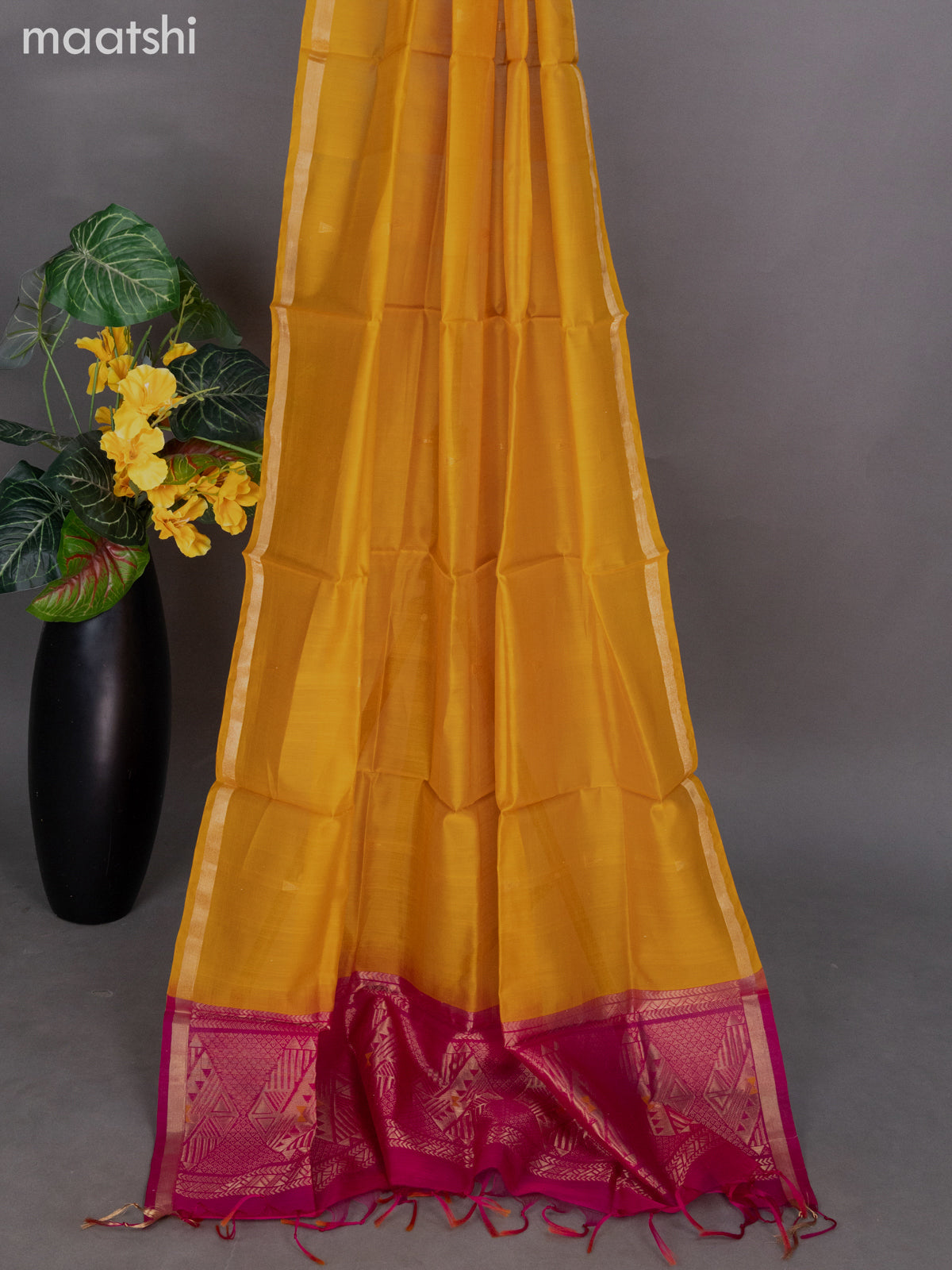 Pink and Mango Yellow Silk Cotton Dress Material With Zari Buttas
