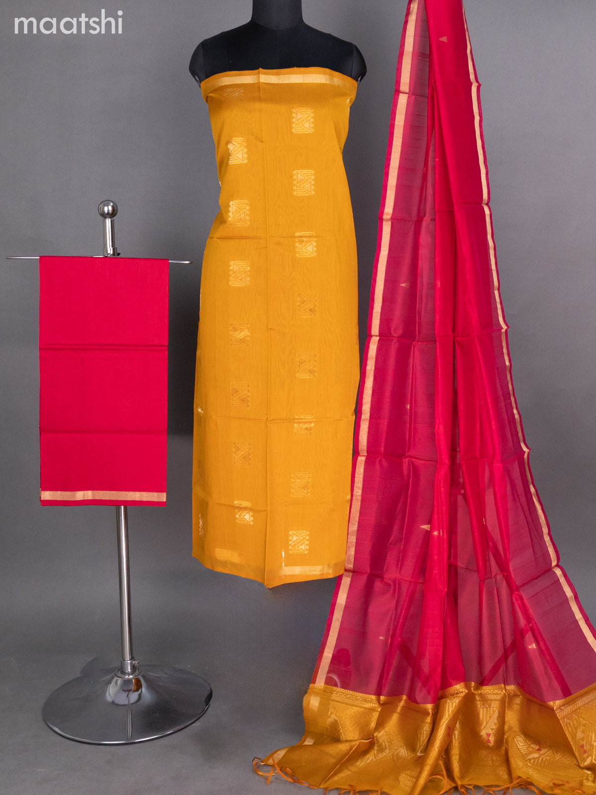 Mustard Yellow and Pink Silk Cotton Dress Material With Zari Buttas