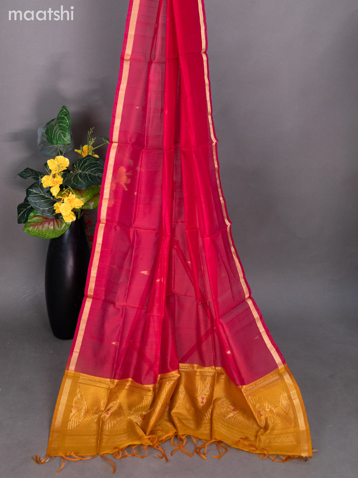 Mustard Yellow and Pink Silk Cotton Dress Material With Zari Buttas