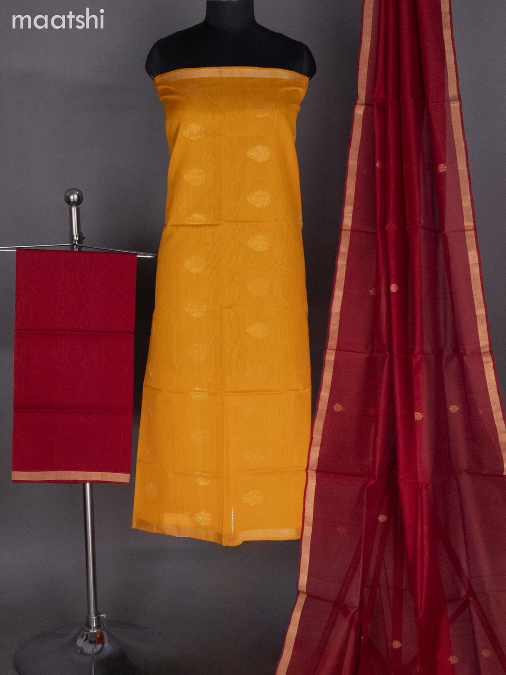 Orange and Maroon Silk Cotton Dress Material With Zari Buttas