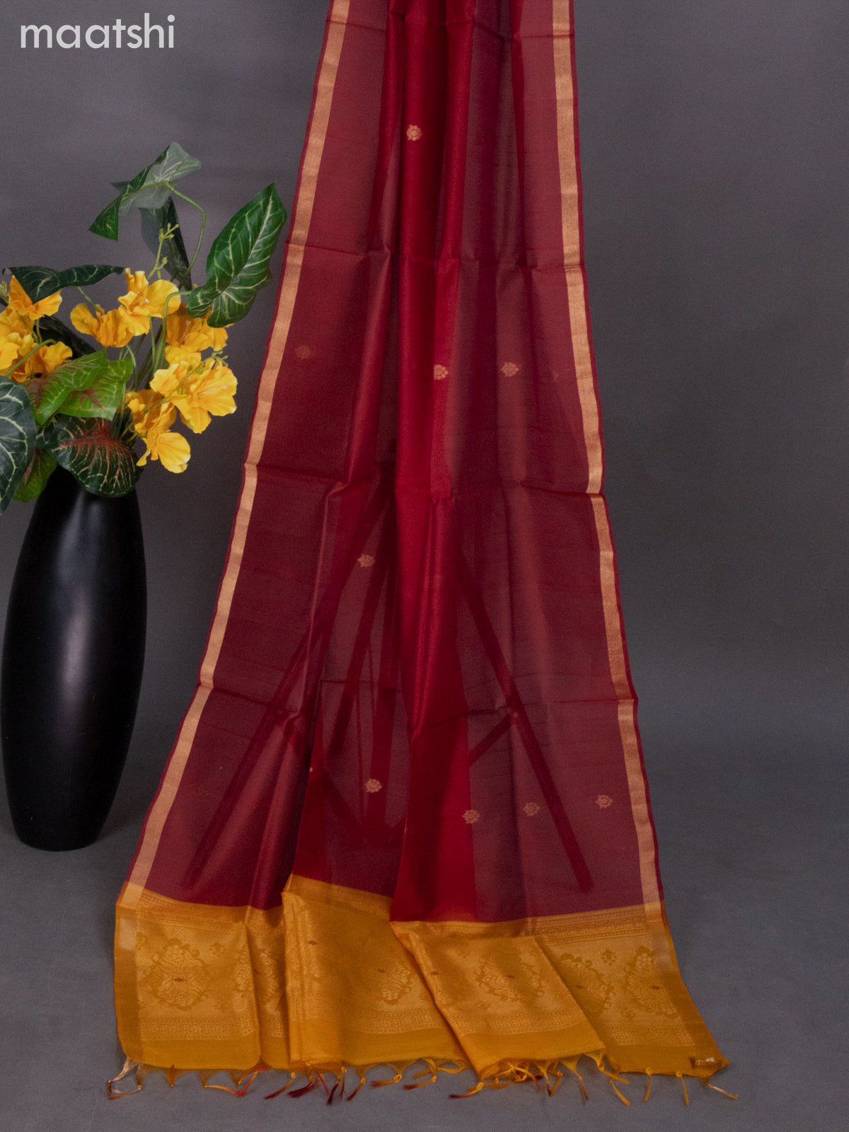 Orange and Maroon Silk Cotton Dress Material With Zari Buttas
