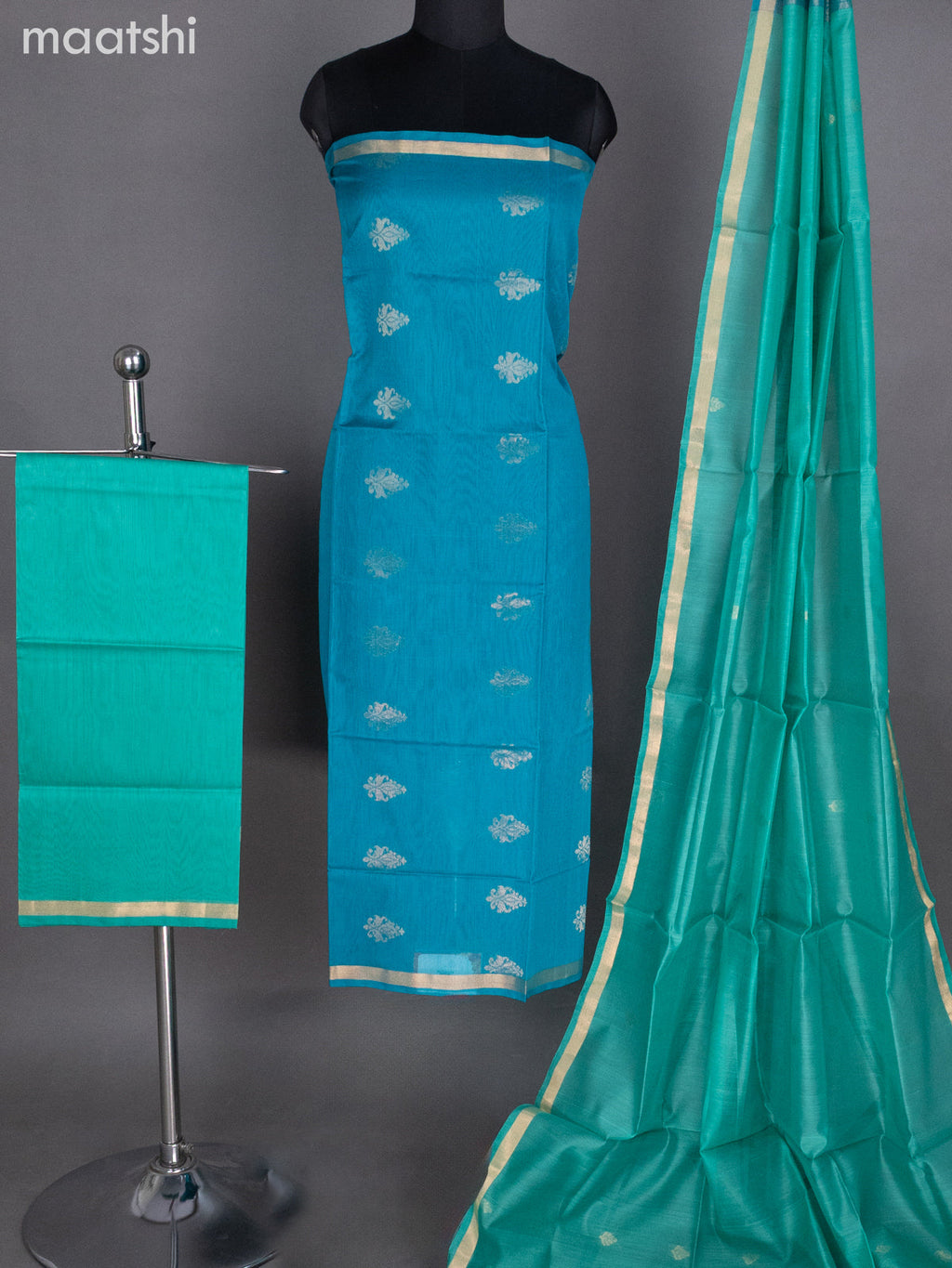 Teal Blue and Teal Green Silk Cotton Dress Material With Zari Buttas