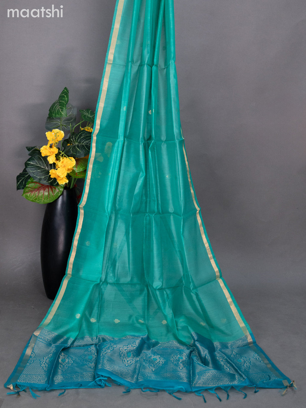 Teal Blue and Teal Green Silk Cotton Dress Material With Zari Buttas