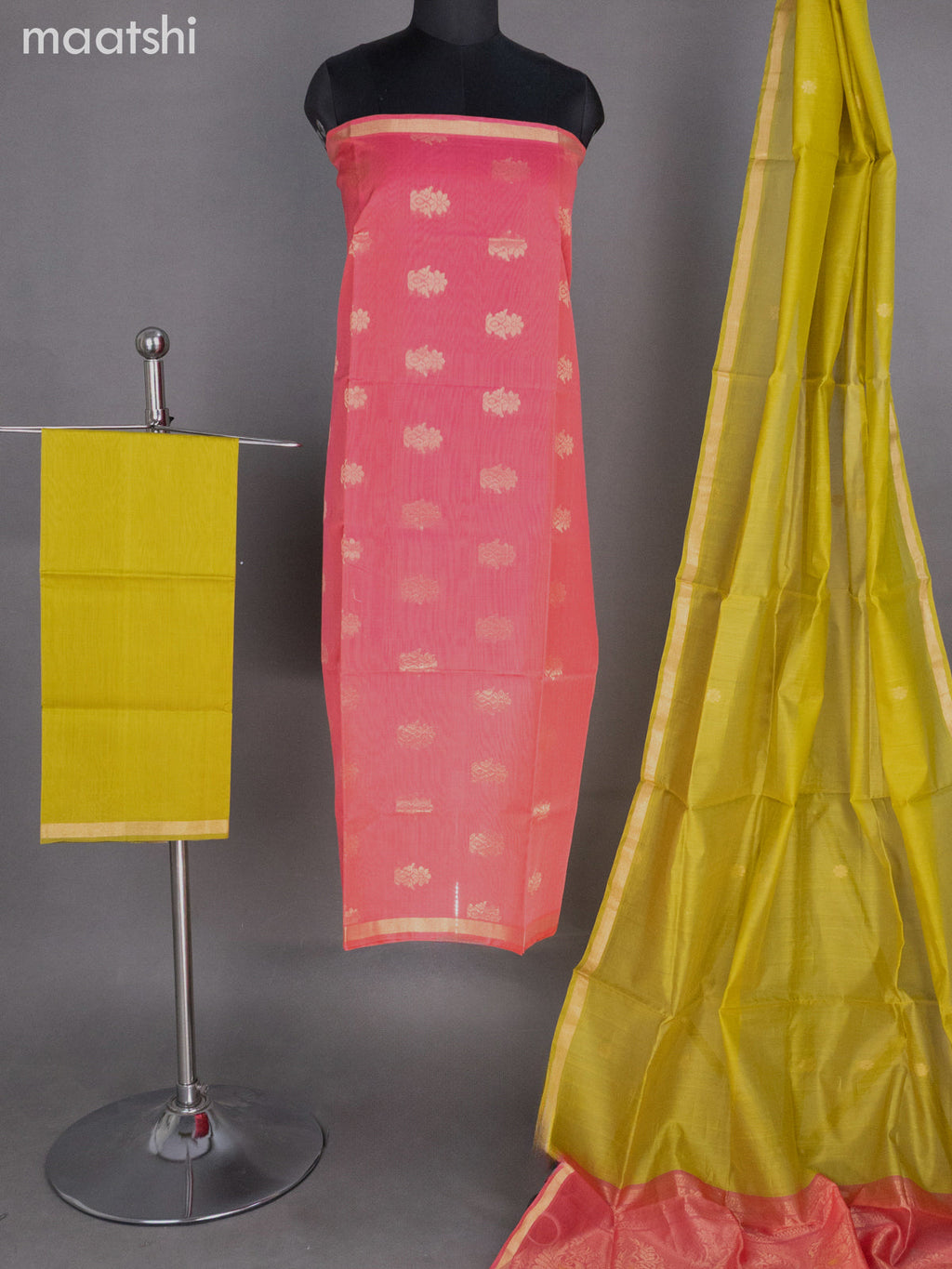 Candy Pink and Lime Green Silk Cotton Dress Material With Zari Buttas