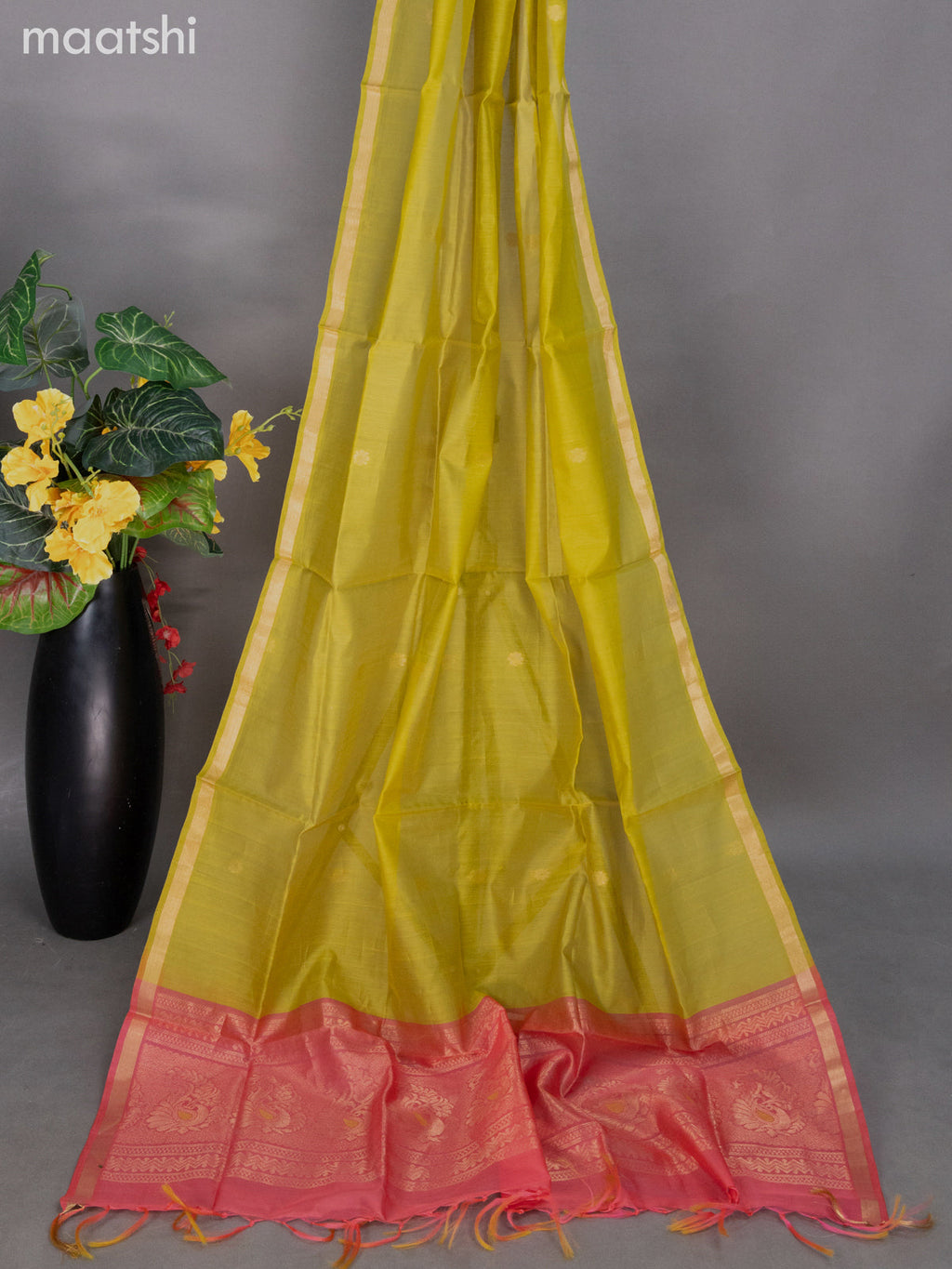 Candy Pink and Lime Green Silk Cotton Dress Material With Zari Buttas