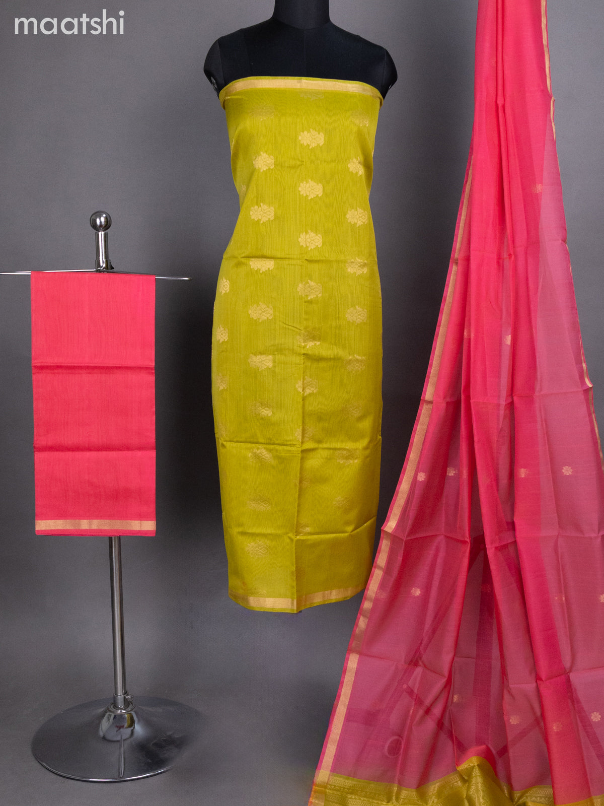 Lime Green and Candy Pink Silk Cotton Dress Material With Zari Buttas