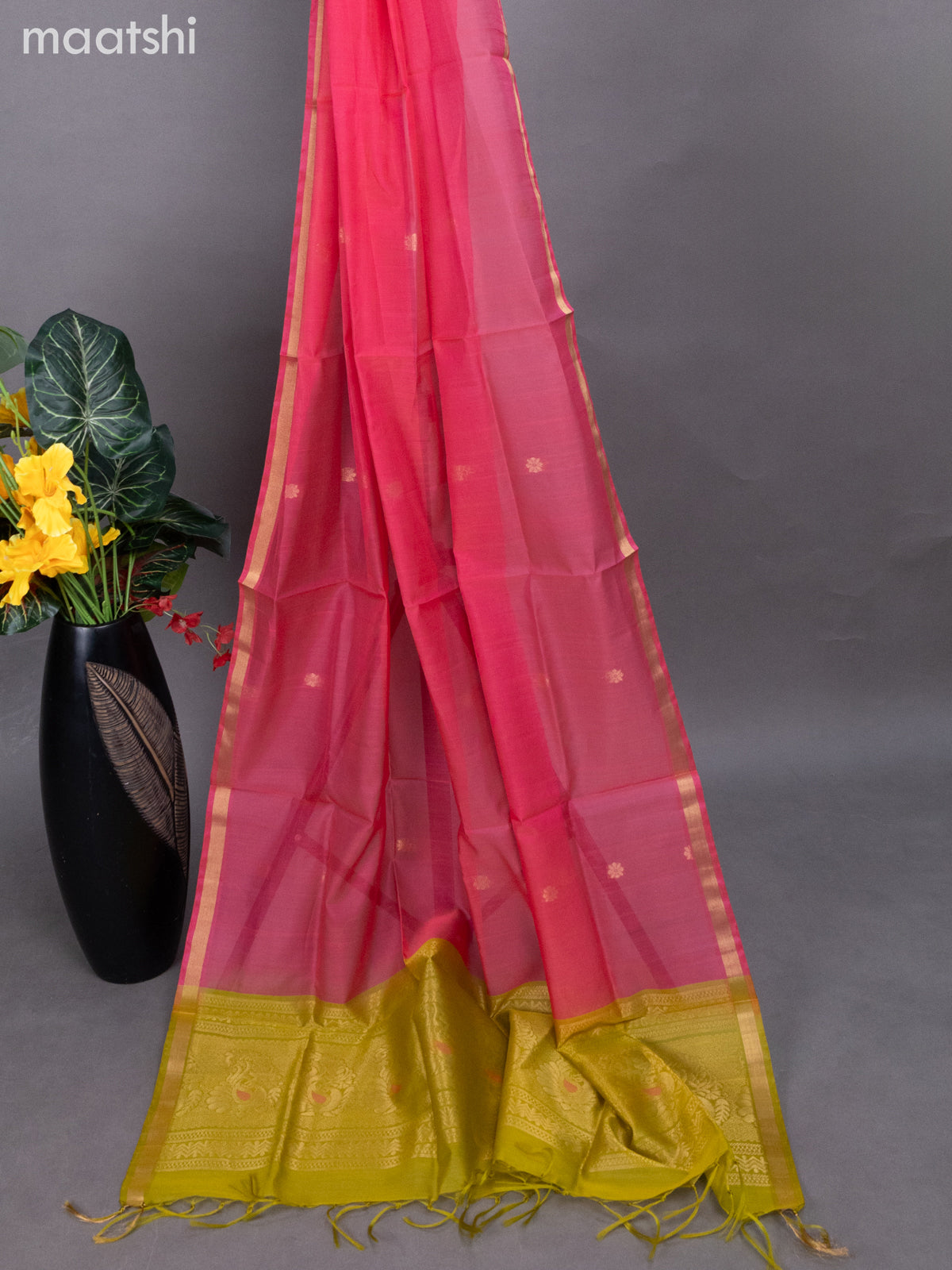 Lime Green and Candy Pink Silk Cotton Dress Material With Zari Buttas