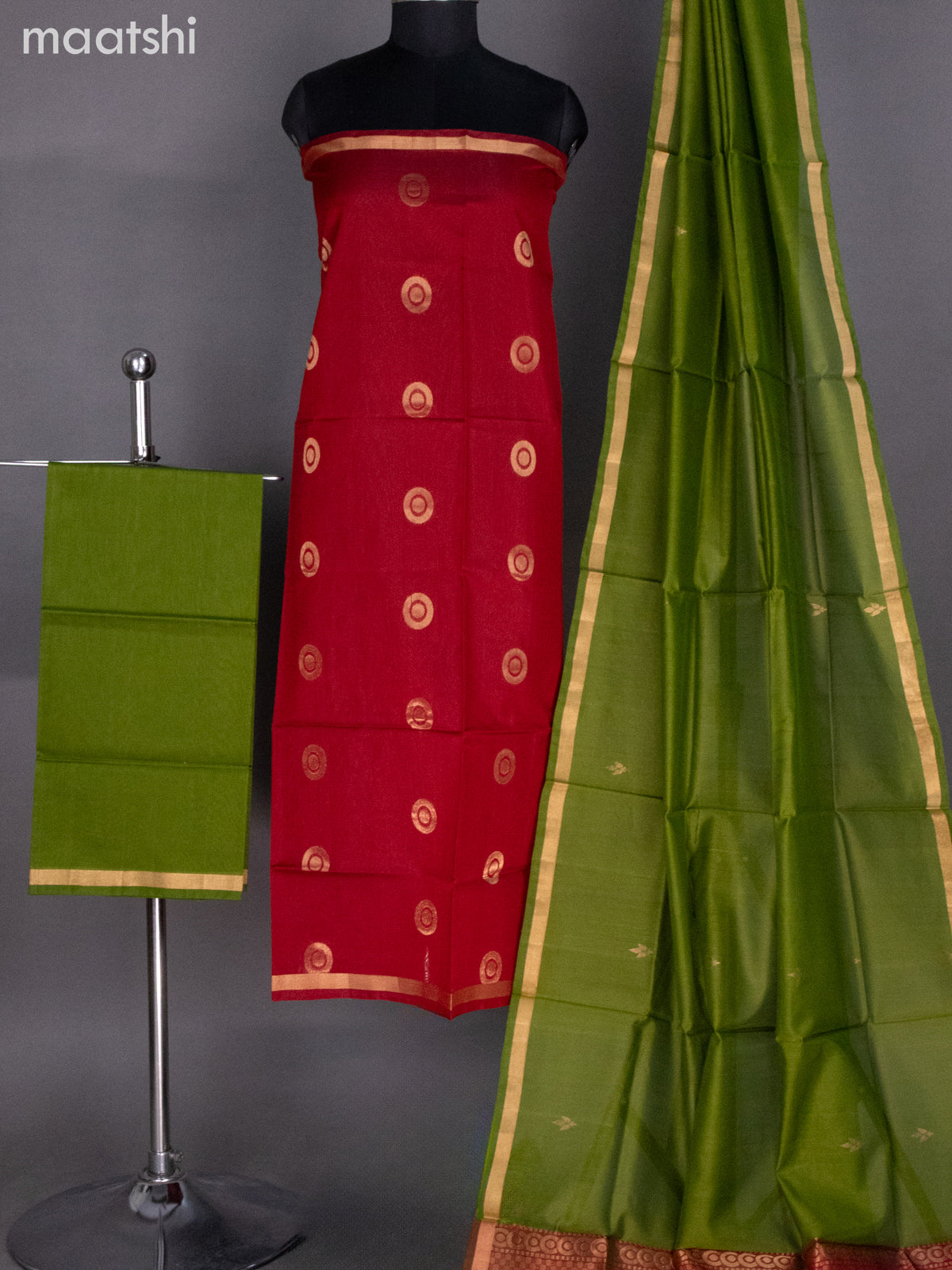 Maroon and Green Silk Cotton Dress Material With Zari Buttas