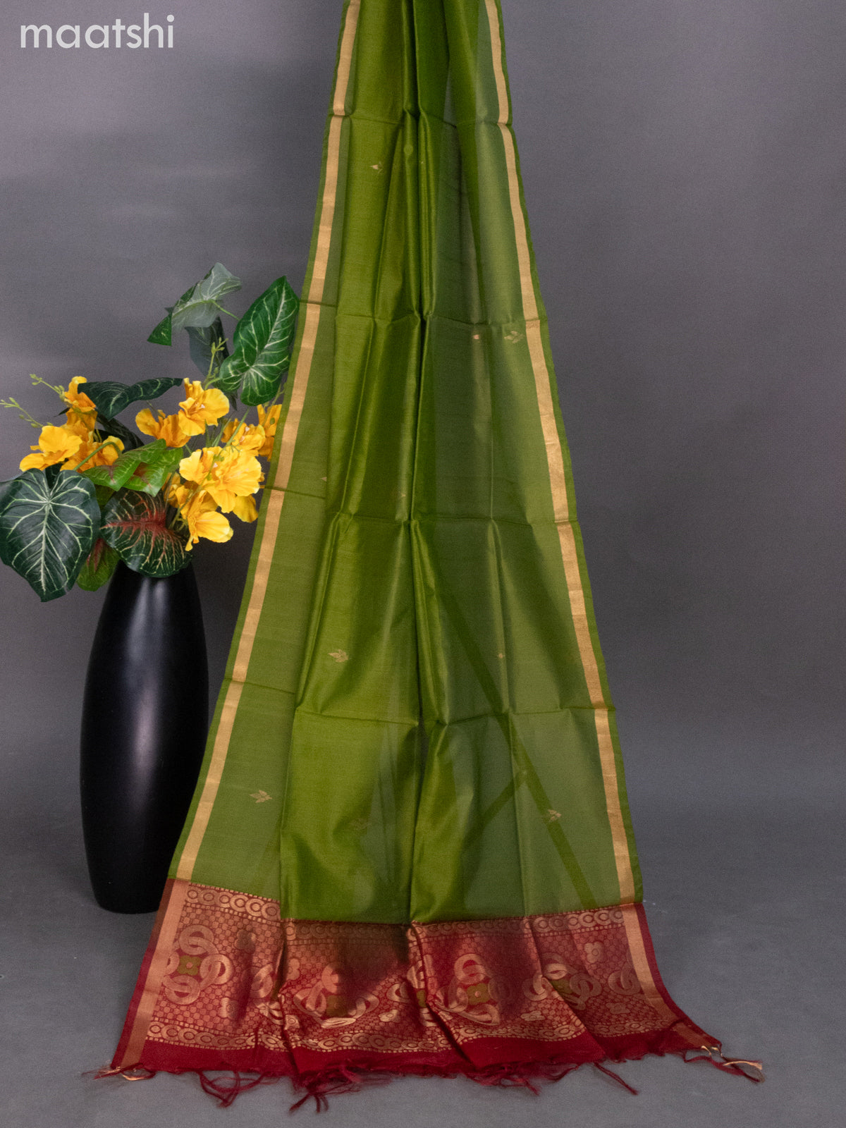 Maroon and Green Silk Cotton Dress Material With Zari Buttas