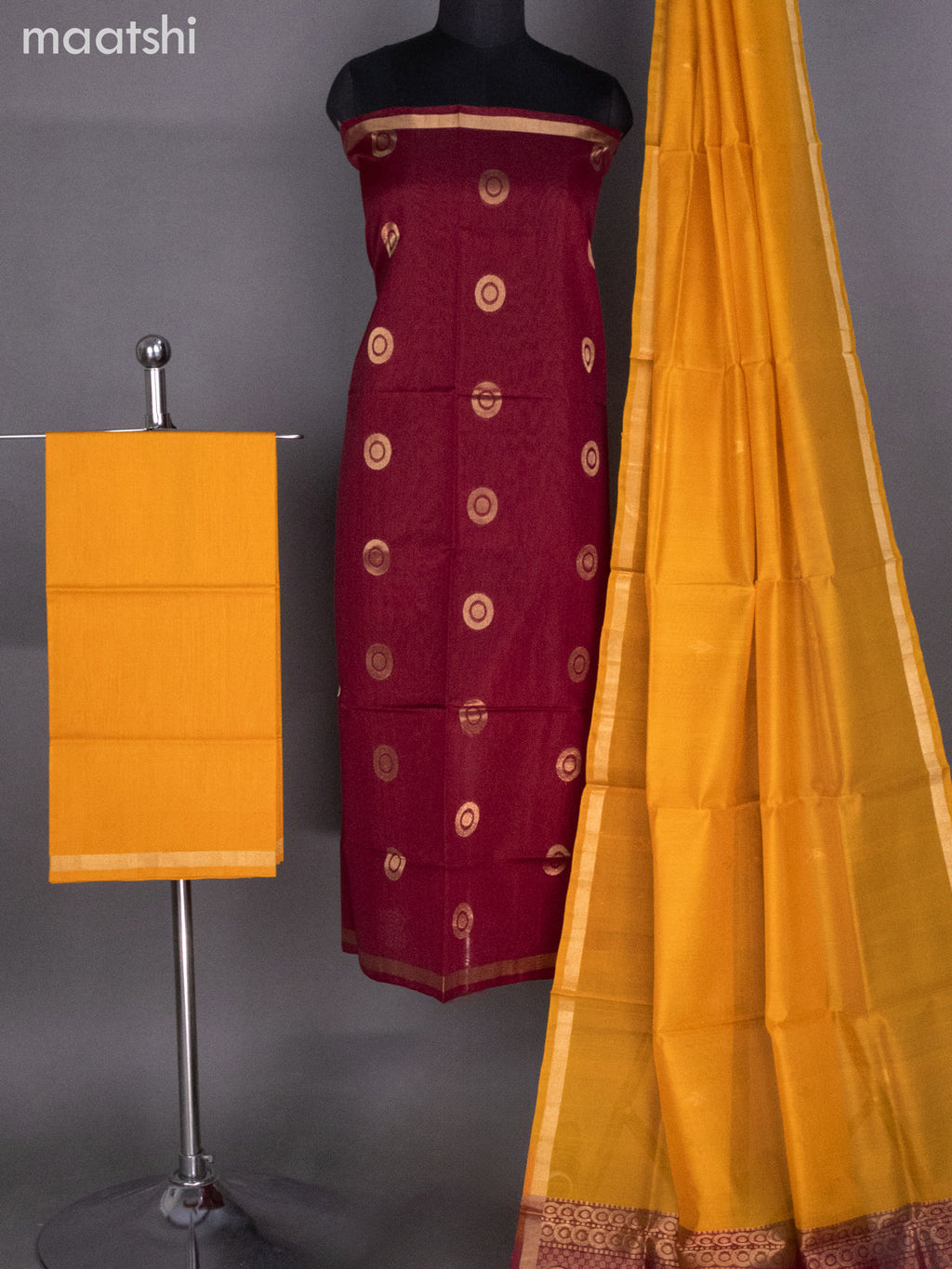 Maroon and Mango Yellow Silk Cotton Dress Material With Zari Buttas