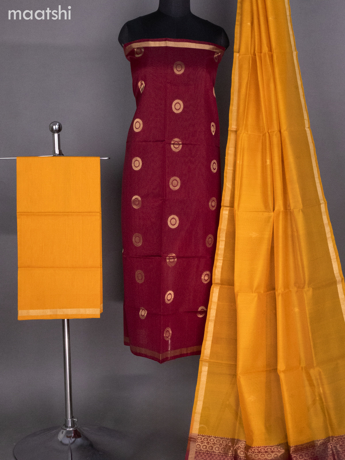 Maroon and Mango Yellow Silk Cotton Dress Material With Zari Buttas