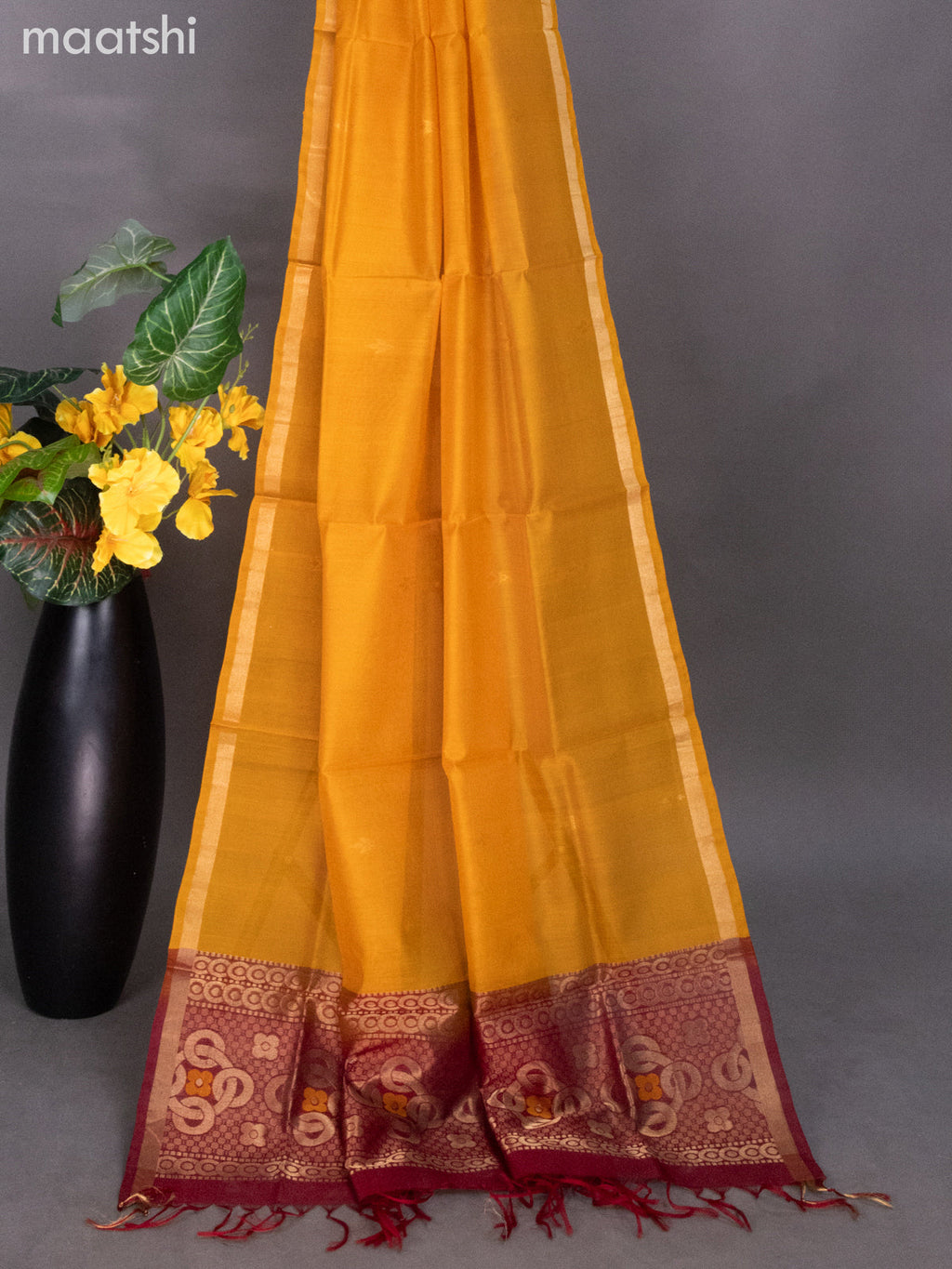 Maroon and Mango Yellow Silk Cotton Dress Material With Zari Buttas
